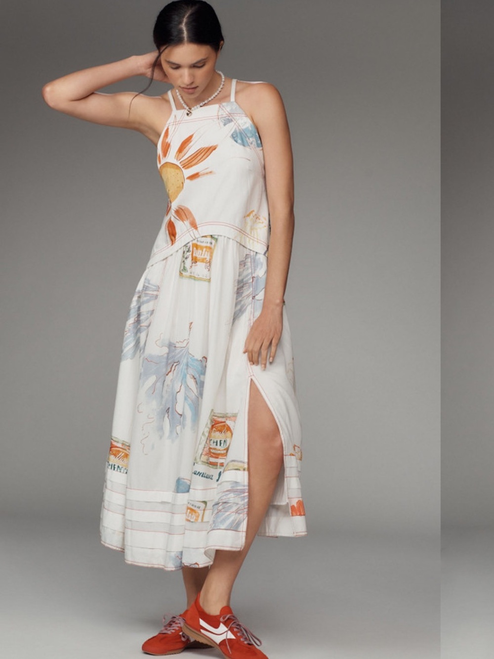 Pilcro Sleeveless White Midi Dress with Orange and Blue Print
